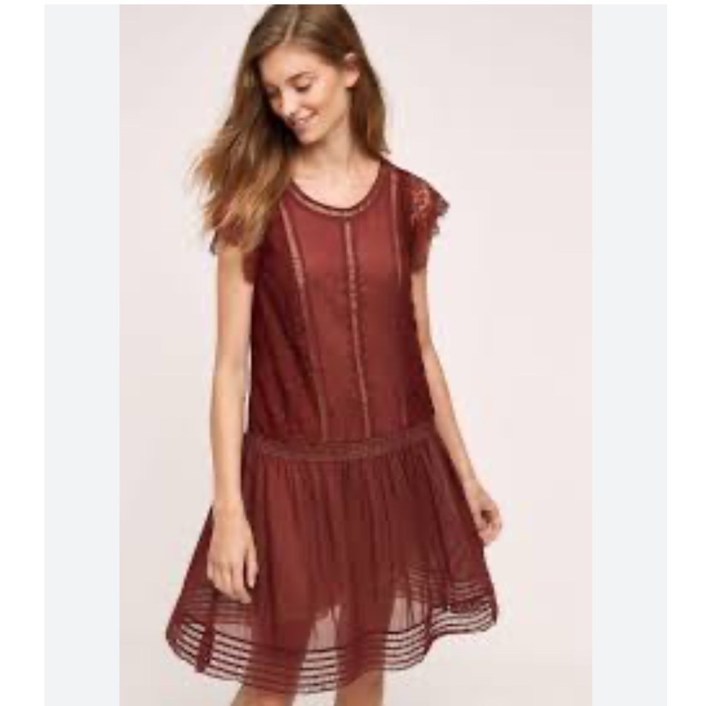 Anthropologie Floreat Burgundy Lace Drop Waist Sheer‎ Boho Dress Maroon Sz 10